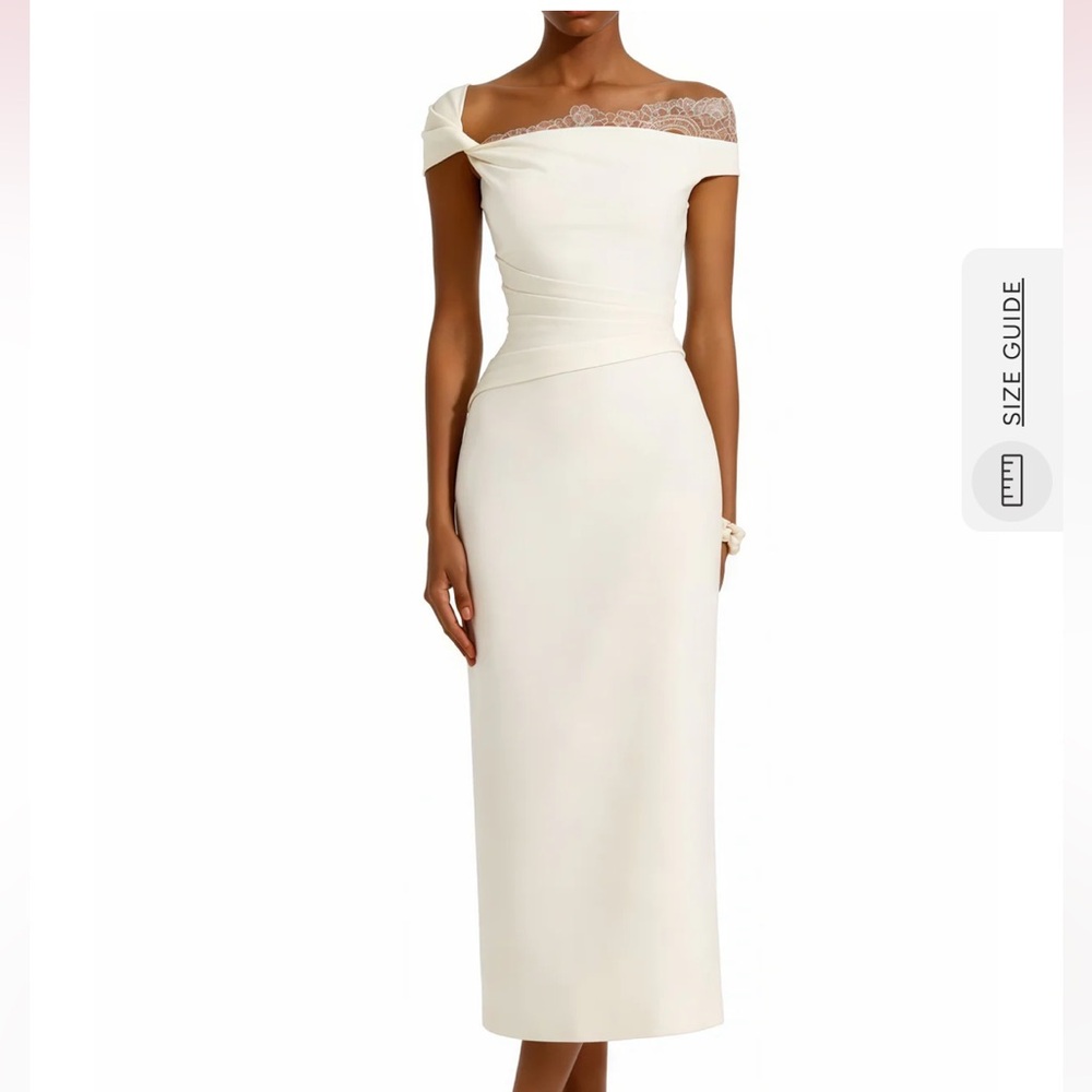 Elegant Off-Shoulder White Midi Dress with Lace Trim